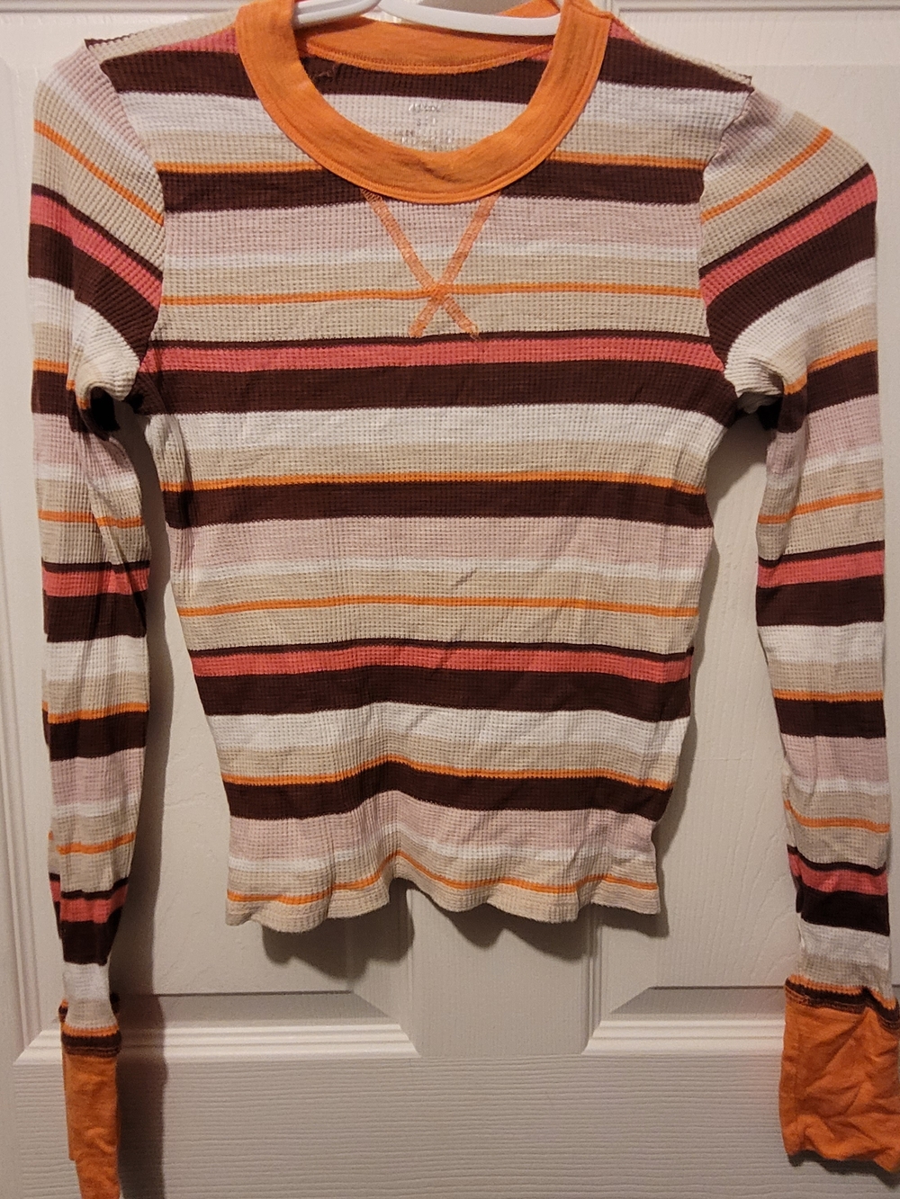 Aerie Striped Waffle Knit Long Sleeve Top in Orange, Brown & Cream